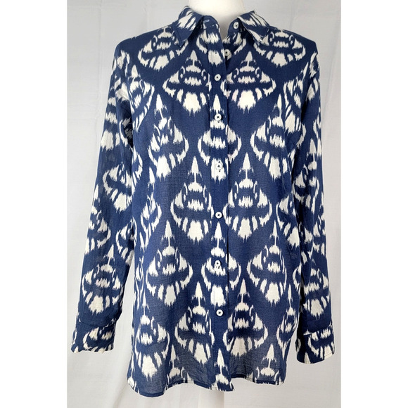 Talbots Cotton Button Front Shirt Blue Ikat Pattern Women's Size Medium Boho - Picture 1 of 10